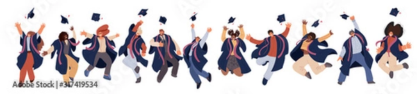 Fototapeta Vector flat set of Happy graduated man and woman in college and university education students in academic dresses. Celebration of Graduation day Students trow caps in air, Success Learning Concept