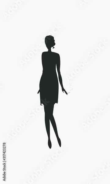 Fototapeta Silhouette of a 1920s girl. Full-length image. Girl with a cigarette in the hand. Isolated on a white background. Vector