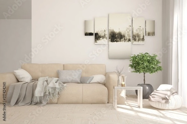 Fototapeta Stylish room in white color with sofa. Scandinavian interior design. 3D illustration