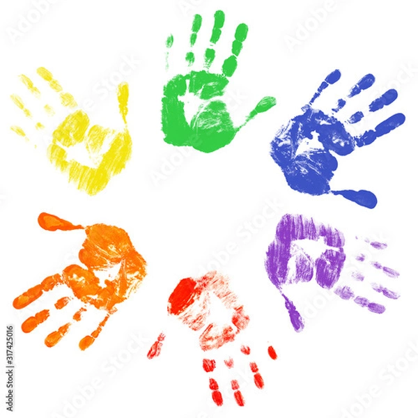 Fototapeta Handprints with the LGBT colors forming a circle on a light background. The gay-lesbian movement. LGBT concept