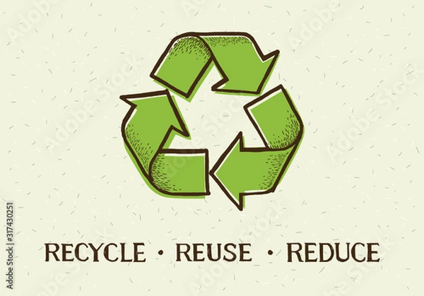Fototapeta Szkic doodle recyklingu ponownego wykorzystania zmniejszyć symbol na białym tle na tle papieru rzemieślniczego. Recykling ikona znak ekologiczny. Ręcznie rysowane styl wektor