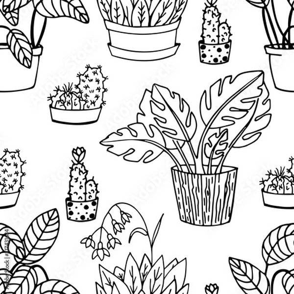 Fototapeta Seamless vector floral pattern. Home plants in pots. Ideal for paper, textile, gift and web products.