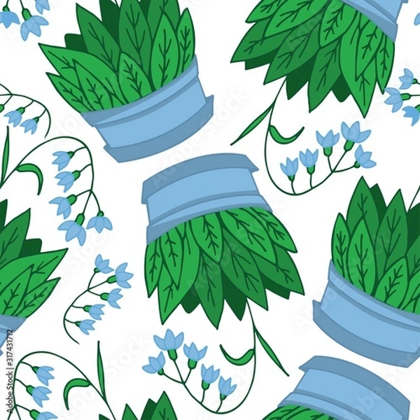 Fototapeta Seamless vector floral pattern. Home plants in pots. Ideal for paper, textile, gift and web products.