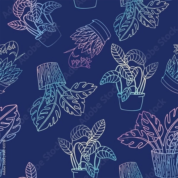 Fototapeta Seamless vector floral pattern. Home plants in pots. Ideal for paper, textile, gift and web products.