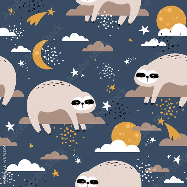 Obraz Sloths, stars, moon and clouds hand drawn backdrop. Colorful seamless pattern with animals. Decorative cute wallpaper, good for printing. Overlapping background vector. Design illustration