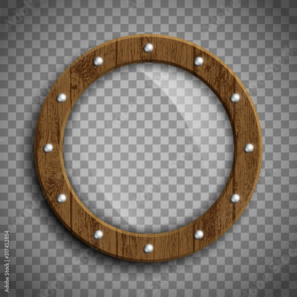 Fototapeta Round window porthole. Wooden frame. Template isolated on a transparent background.