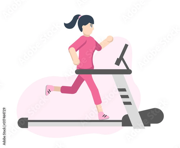 Obraz A woman runs on a treadmill. Vector illustration in flat style. Sports, healthy lifestyle.