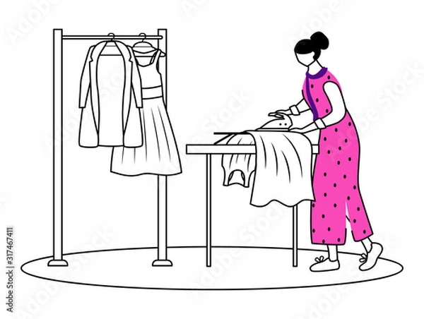 Fototapeta Ironing dresses, jackets flat contour vector illustration. Preparing clothes for fashion show. Designer assistant isolated cartoon outline character on white background. Dry cleaning simple drawing