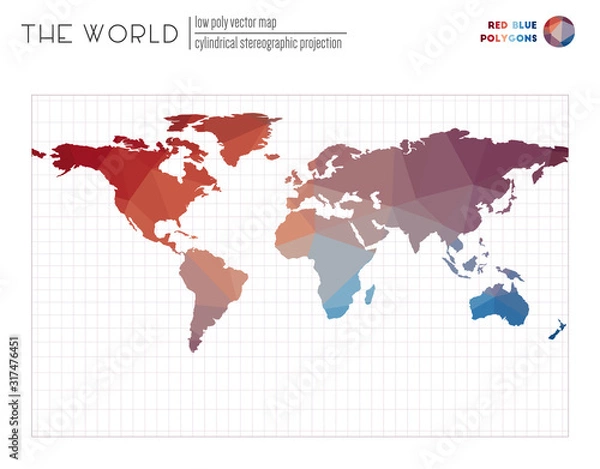 Fototapeta World map with vibrant triangles. Cylindrical stereographic projection of the world. Red and blue colored polygons. Awesome vector illustration.