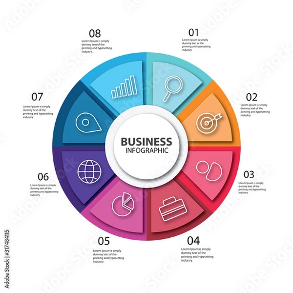 Fototapeta Infographic circle in thin line flat style. Business presentation template with 8 options, parts, steps. Vector illustration