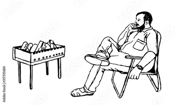 Obraz A man sits by the grill. Black and white silhouette. Outline drawing, sketch