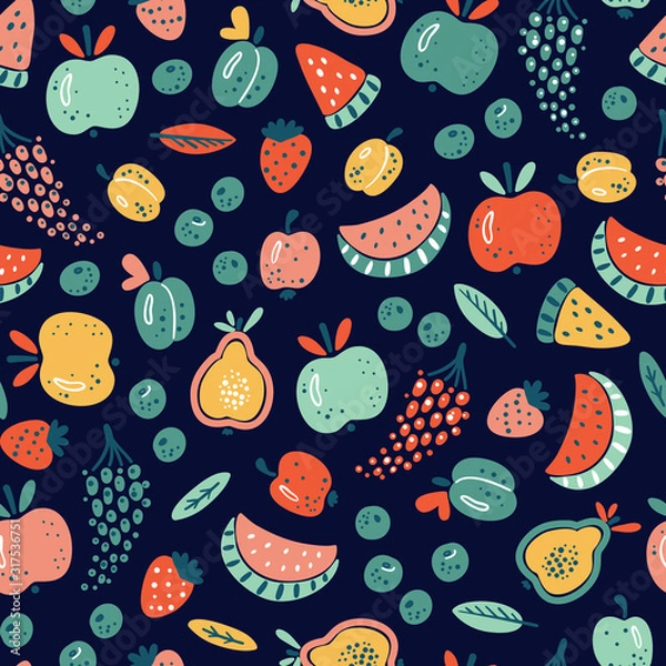 Obraz Cartoon Berries and Fruits Vector Seamless Pattern. Colorful Fruit Wallpaper. Healthy Summer Food Background