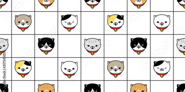 Fototapeta cat seamless pattern kitten vector calico breed checked collar bell scarf isolated repeat background tile wallpaper cartoon doodle illustration design