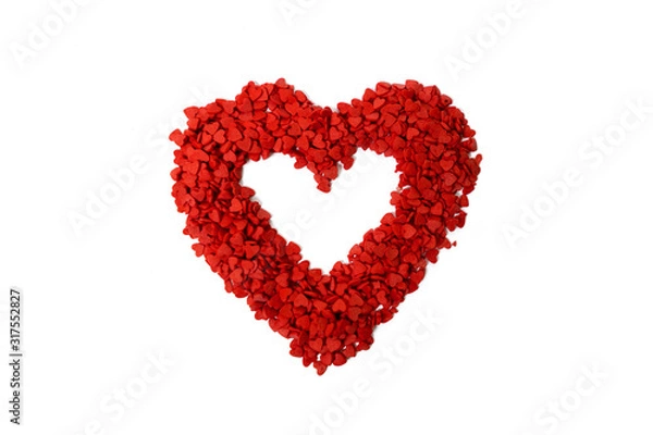 Fototapeta Close up of Red Heart Made of Sugar Sprinkle Dot Hearts, Decoration for Cake and Bakery on White Background