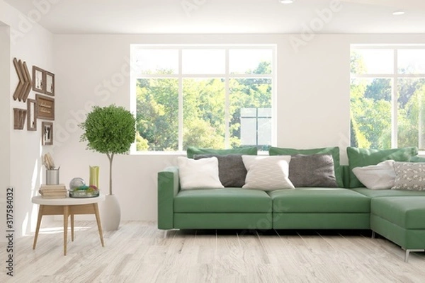 Fototapeta Stylish room in white color with sofa and summer landscape in window. Scandinavian interior design. 3D illustration