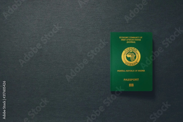 Fototapeta Nigeria Passport on dark background with copy space - 3D Illustration