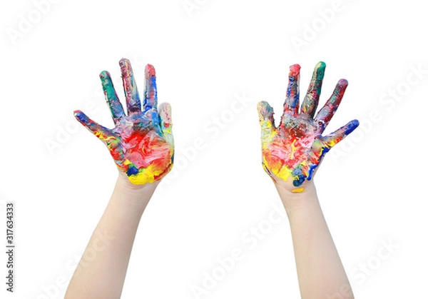 Fototapeta Close up kid hands painted in colorful paints isolated over white background.