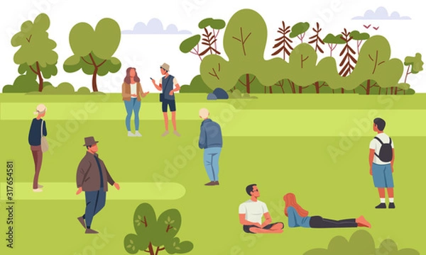 Fototapeta Characters spend leisure time in summer park set. Active pastime on nature at park. Cartoon colorful vector illustration