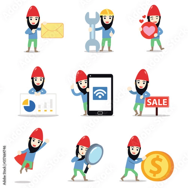 Fototapeta Set of character gnome man wearing cone hats.