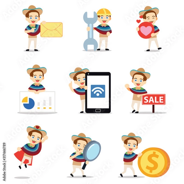 Fototapeta Set of character gringo man with wearing sombrero hat.