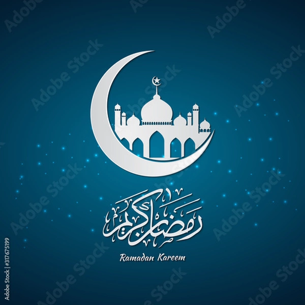 Fototapeta Ramadan Kareem greeting islamic design symbol crescent with arabic calligraphy, template for menu, invitation, poster, banner, card for the celebration of Muslim community festival.