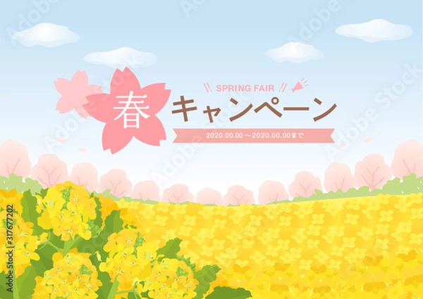 Fototapeta 菜の花畑と桜と青空の広告背景素材