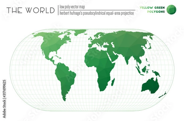 Fototapeta Abstract world map using Herbert Hufnagel's pseudocylindrical equal-area projection. Yellow-green colored polygons. Amazing vector illustration.
