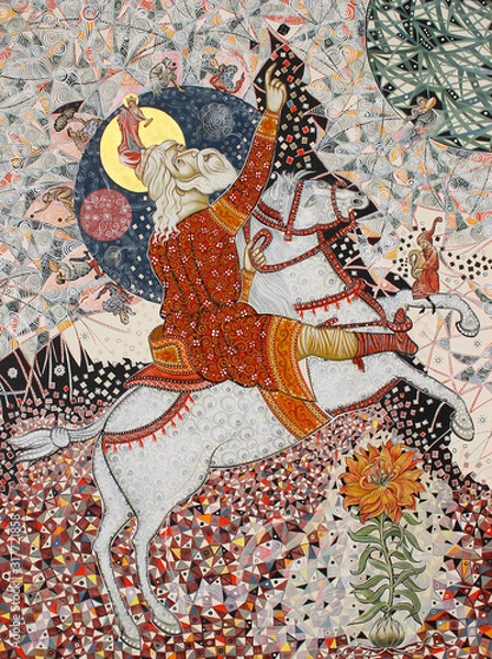 Fototapeta The Elder of the day, horseman rides the horse and points to the black cube, oil on canvas, geometry, ornament, handmade