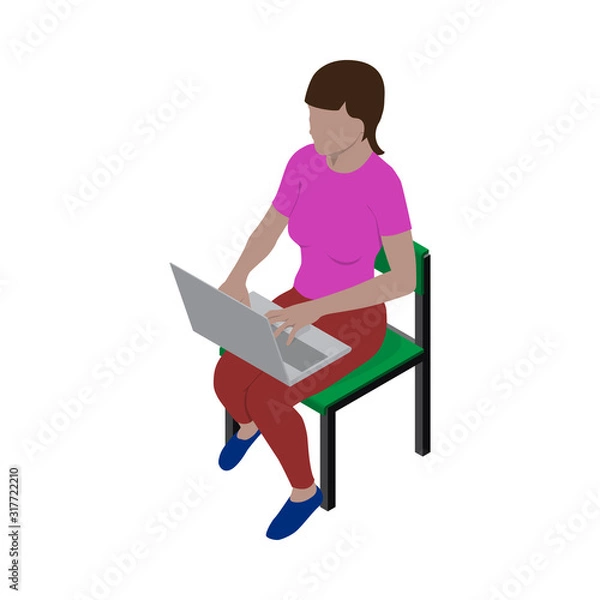 Fototapeta Girl sitting on a chair with a laptop on her lap. Programmer, freelancer, student or blogger in isometric view.