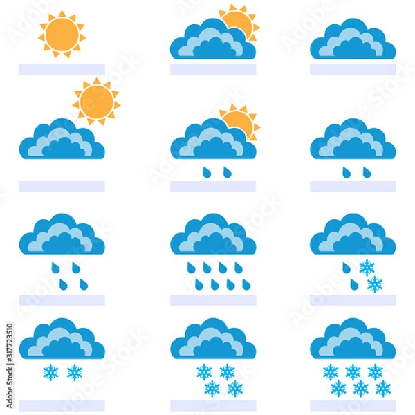 Obraz Symbols of the sun, clouds, rain and snow. Infographic elements for weather forecast, icon set. Vector illustration.