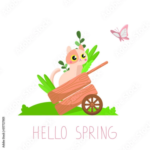 Obraz Vector flat illustration with cute beige cat in spring. A cartoon cat sits in a garden cart in the garden with a butterfly. Text on the postcard: Hello Spring!