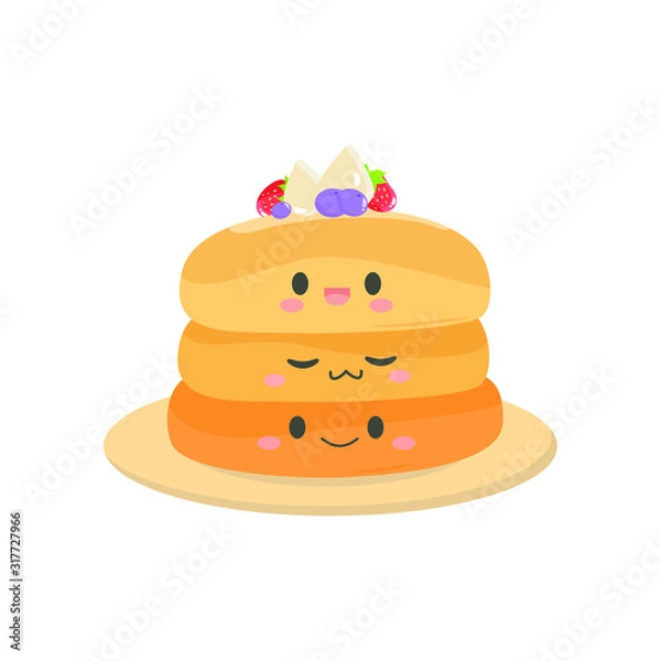 Obraz Vector illustration with cute kawaii pancakes. Cartoon happy pancakes with fruit for breakfast. Isolated on a white background.