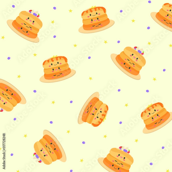 Obraz Vector pattern with cute kawaii pancakes. Cartoon happy pancakes with butter and fruit for breakfast. Pattern of elements located in different directions.