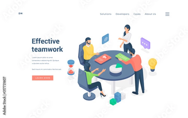 Fototapeta Business team working with data effectively. Isometric vector illustration