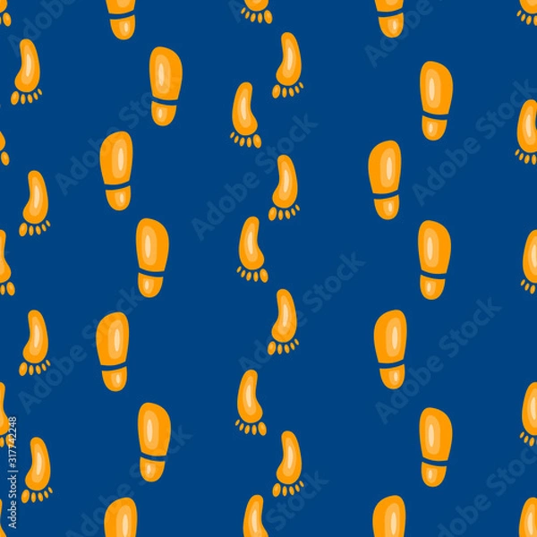 Fototapeta seamless pattern on a blue background feet, footprints from shoes and legs, a trail in gold color, for design and fabrics