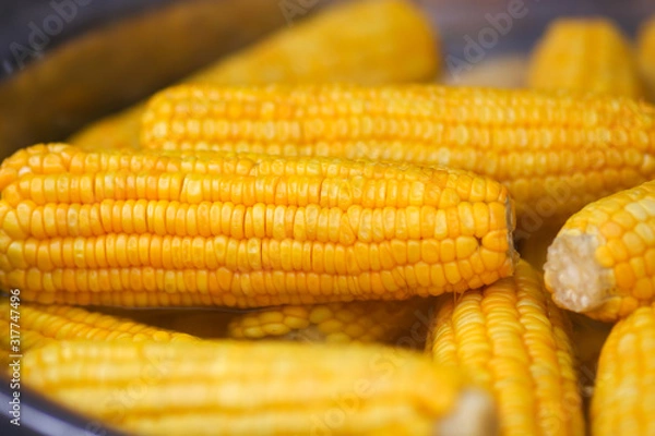 Obraz Steamed sweet yellow corns in market