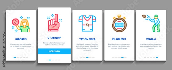 Fototapeta Rugby Sport Game Tool Onboarding Mobile App Page Screen Vector. Rugby Ball And Gates, Athlete Protection Equipment And Glove, Helmet And Stopwatch Concept Linear Pictograms. Color Contour
