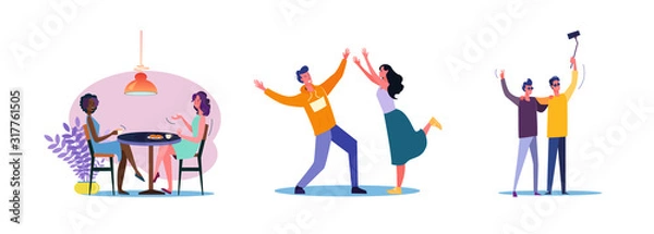 Fototapeta Set of casual men and women hanging out together. Flat vector illustrations of young people being friendly. Friendship and relationship concept for banner, website design, landing web page