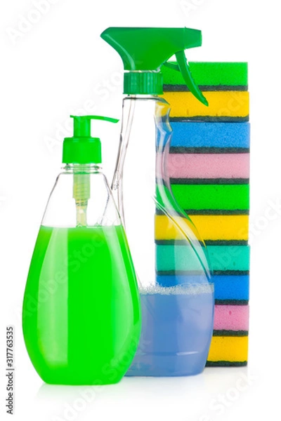Obraz House cleaning supplies. Plastic bottles with detergent and sponge isolated on white background