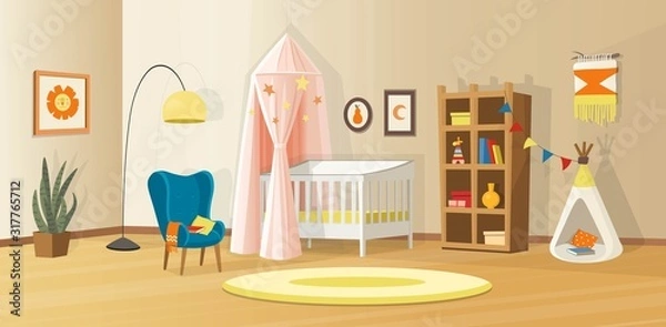 Fototapeta Cozy kids interior with toys, cradle, bookcase, armchair, kids tent and lamp. Scandinavian vector interior in cartoon style.