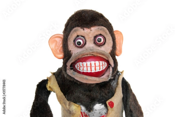 Obraz Damaged mechanical chimp with ripped vest, uneven eyes