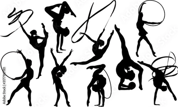 Fototapeta Set girl rhythmic gymnastics silhouette vector illustration. Training performance strength gymnastics. Championship workout rhythmic gymnastics beautiful character.Women Acrobatic Gymnastics