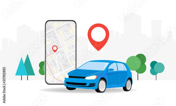Obraz Concepts Online ordering a taxi car using the mobile application service. Smartphone screen on the background of the city with the location of the route and points on the map. Vector illustration