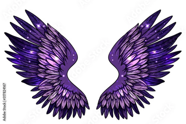 Obraz Beautiful magic glittered sparkling angel fantasy  violet wings, hand drawn vector