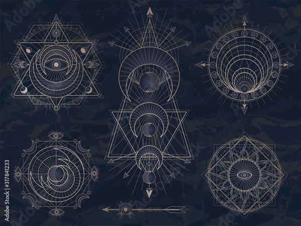 Fototapeta Vector set of Sacred symbols with moon, eye, sun and geometric figures on dark vintage background. Abstract mystic signs collection.