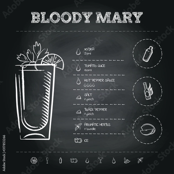 Fototapeta Bloody Mary. Image of a cocktail and a set of ingredients for making a drink at the bar. Sketch on a black chalkboard