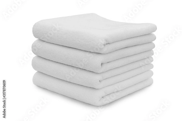 Obraz Stack of white plush hotel towels isolated on white background