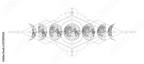 Fototapeta Magiczny księżyc z projektem tatuażu o świętej geometrii. Monochromatyczne ręcznie rysowane ilustracji wektorowych, izolowana na białym tle