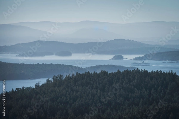 Obraz Misty morning view in between Islands from Pender Island Gulf islands Vancouver British columbia canada foggy day mountain top view with ocean 