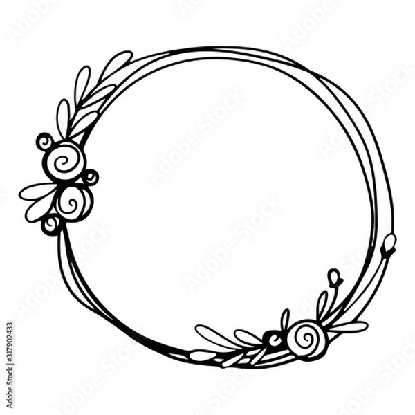 Fototapeta Digital illustration of a cute black contour doodle spring theme frame with flowers with an empty place for an inscription. Print for clothes, poster, banner, postcard, web design, coloring.